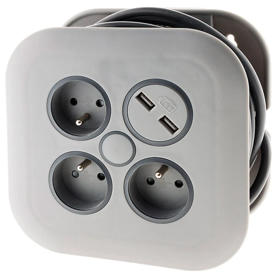 Enrouleur 3 x 2P+T + 2x USB - 7m - gris - Zenitech