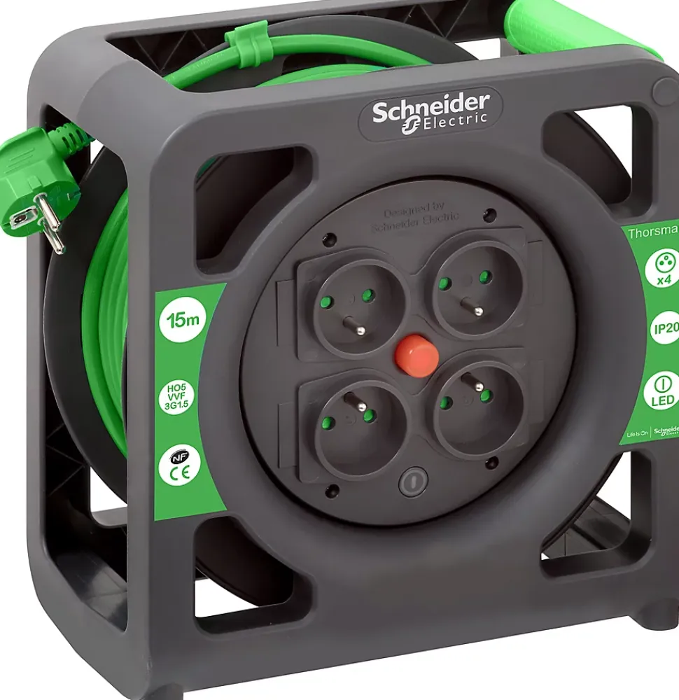 Enrouleur compact 15m 4 prises 2P+T IP20 - Schneider