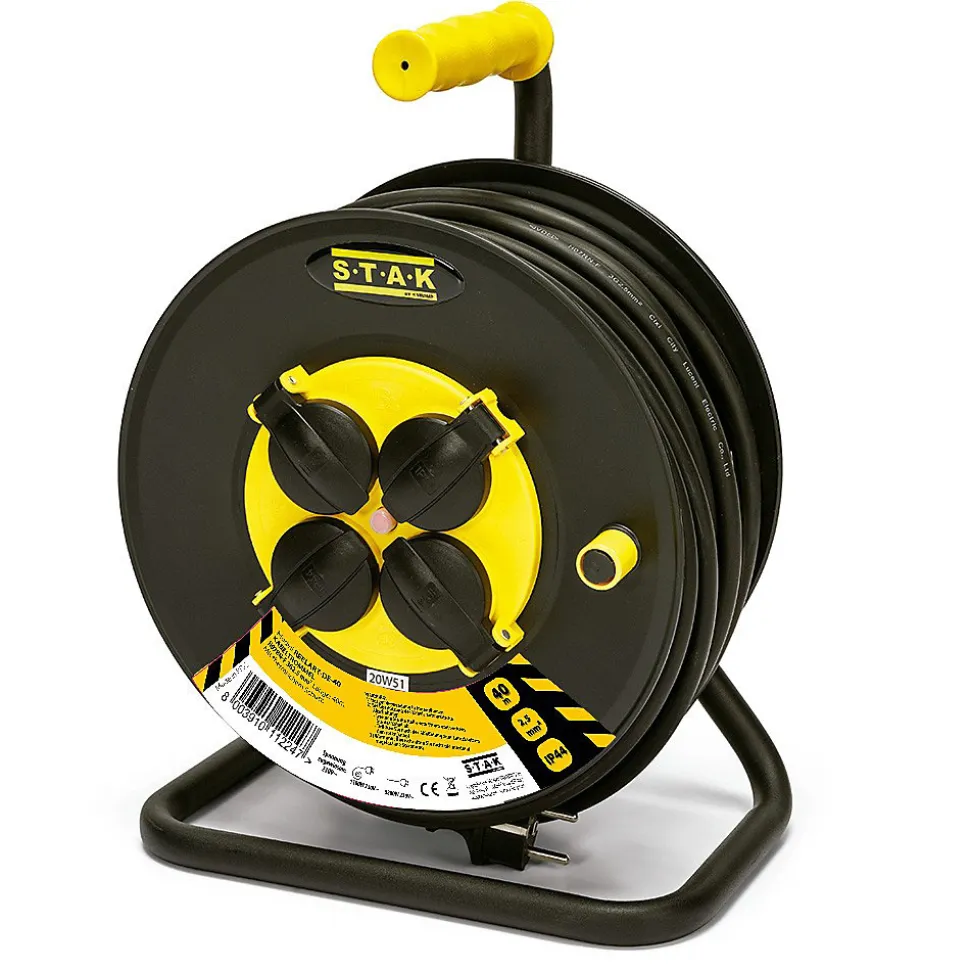 Enrouleur de câble électrique professionnel, 4 prises et fiche Schuko, H07RN-F3G2.5MM2, 40M , GS (TUV), IP44.