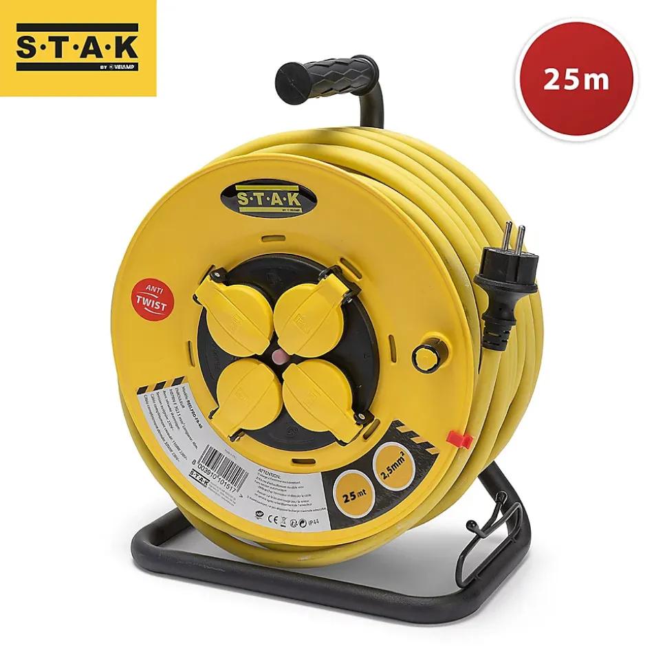 Enrouleur de chantier, 4 prises, 3G2.5, 25 mètres , NF, IP44. Platine fixe et guide cable