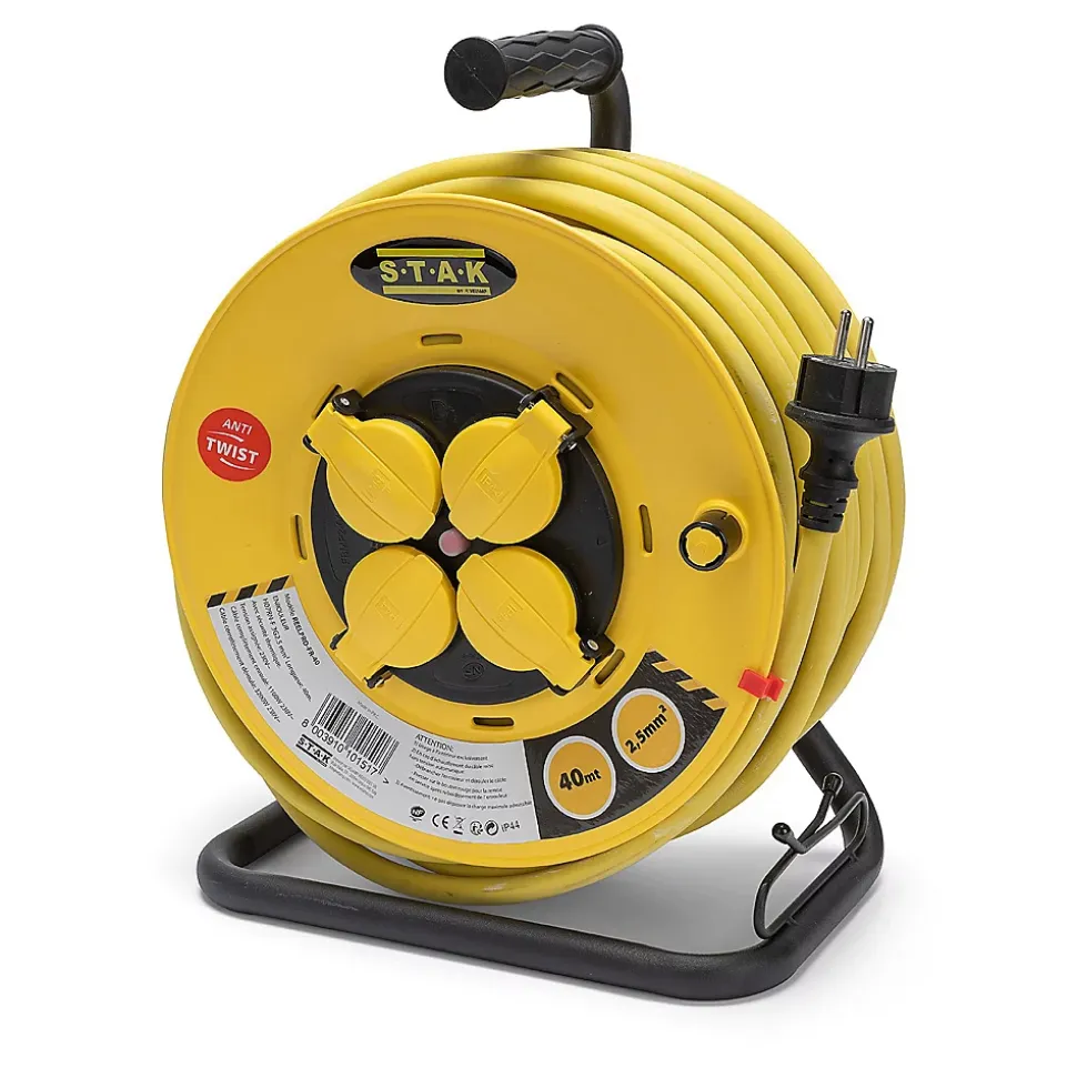 Enrouleur de chantier, 4 prises, 3G2.5, 40 mètres , NF, IP44. Platine fixe et guide cable
