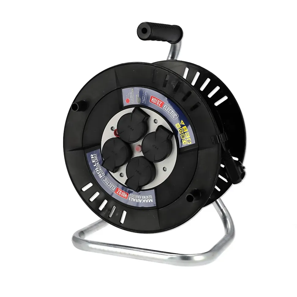 Enrouleur électrique 20 m, 4 prises, type E, 3x1,5 mm², IP44 - rallonge pour jardin et atelier HOROZ