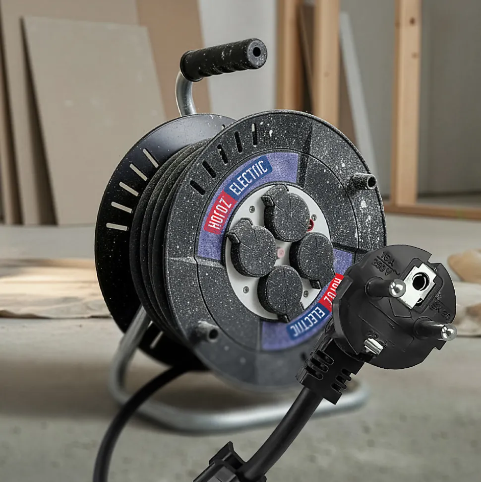 Enrouleur électrique 20 m, 4 prises, type E, 3x1,5 mm², IP44 - rallonge pour jardin et atelier HOROZ
