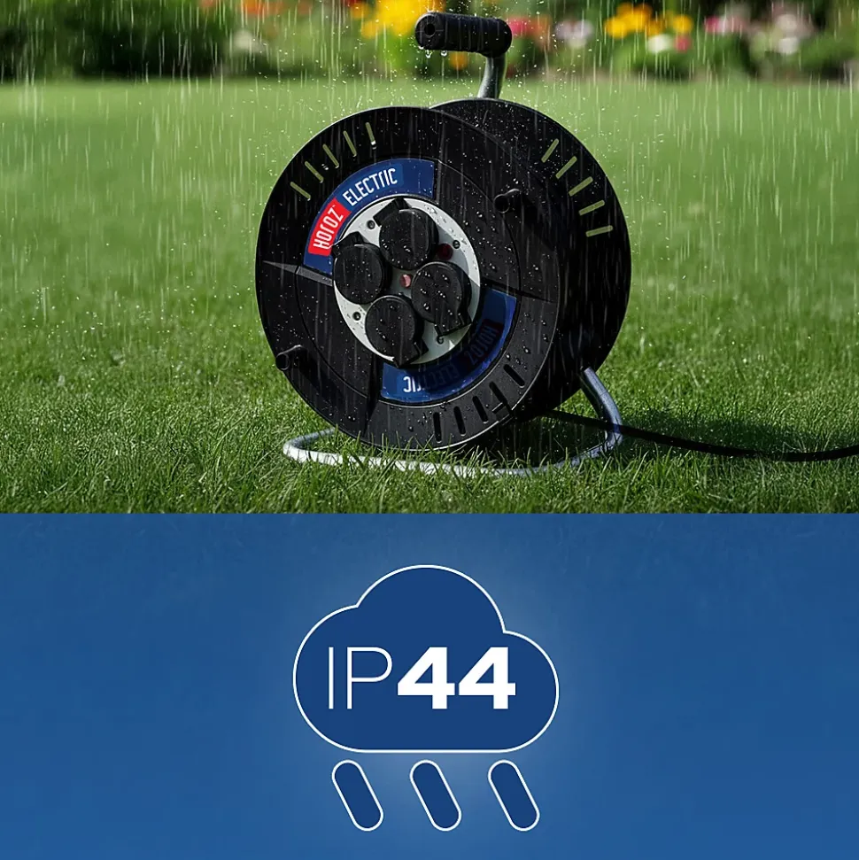 Enrouleur électrique 20 m, 4 prises, type E, 3x1,5 mm², IP44 - rallonge pour jardin et atelier HOROZ