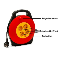 Enrouleur électrique domestique 10m, H05VV-F3G1.0MM2, 4 prises françaises 2P+T 16A, NF, CE
