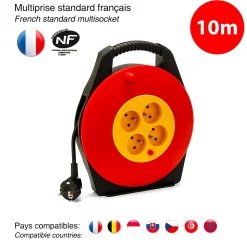 Enrouleur électrique domestique 10m, H05VV-F3G1.0MM2, 4 prises françaises 2P+T 16A, NF, CE