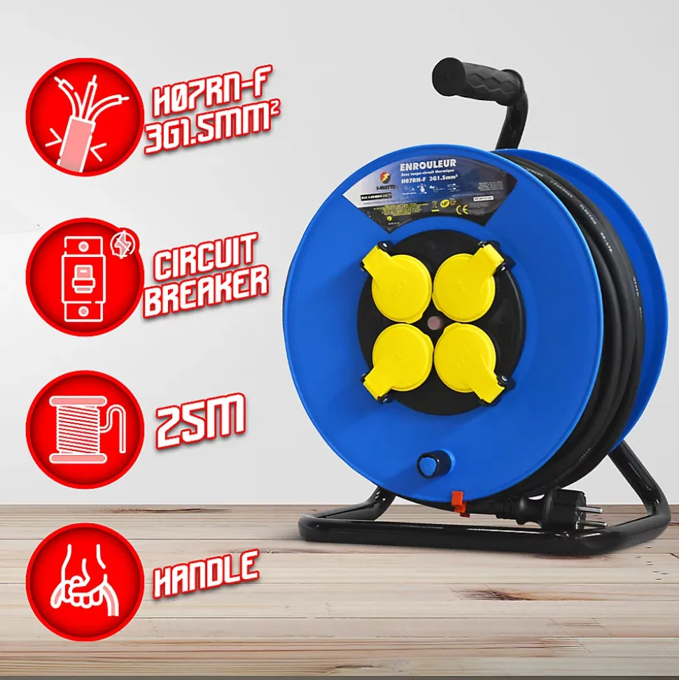 Enrouleur électrique 25m 4 prises IP44 - Cable h07en-3g1.5mm²-25m - 3200W déroulé