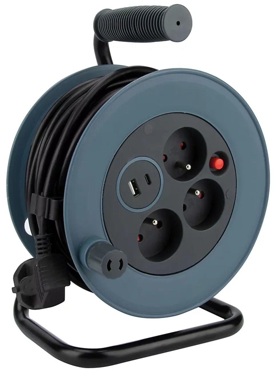 Enrouleur 12m 3 prises + 2USB - gris - Zenitech