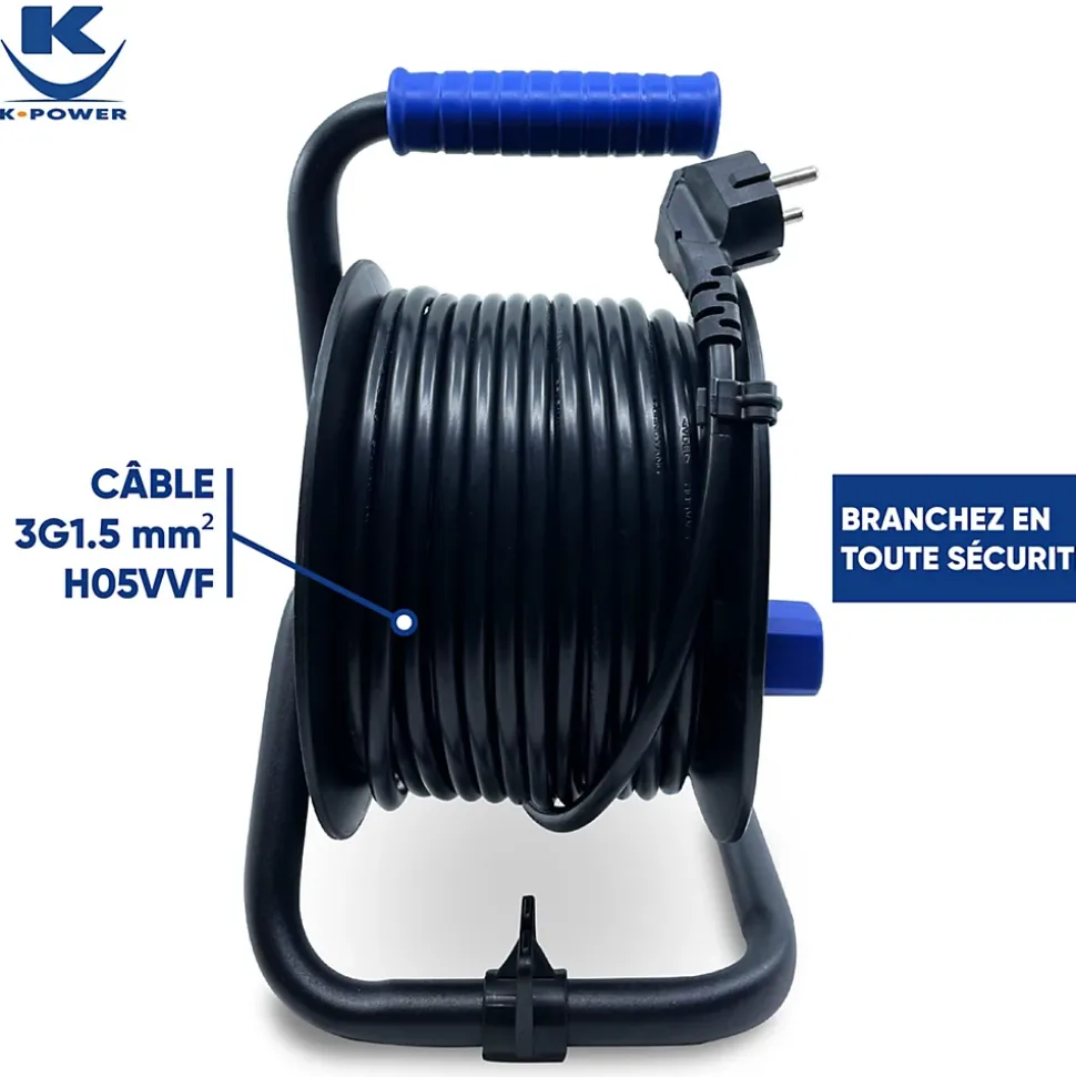 Enrouleur 25M 3G1.5 IP20 avec 4 Prises à Clapet, Robuste et Idéal pour Usage Intensif en Intérieur
