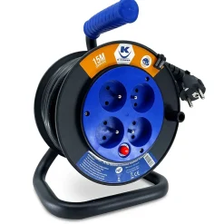 Enrouleur 15M 3G1.5 IP20 avec 4 Prises à Clapet, Robuste et Idéal pour Usage Intensif en Intérieur