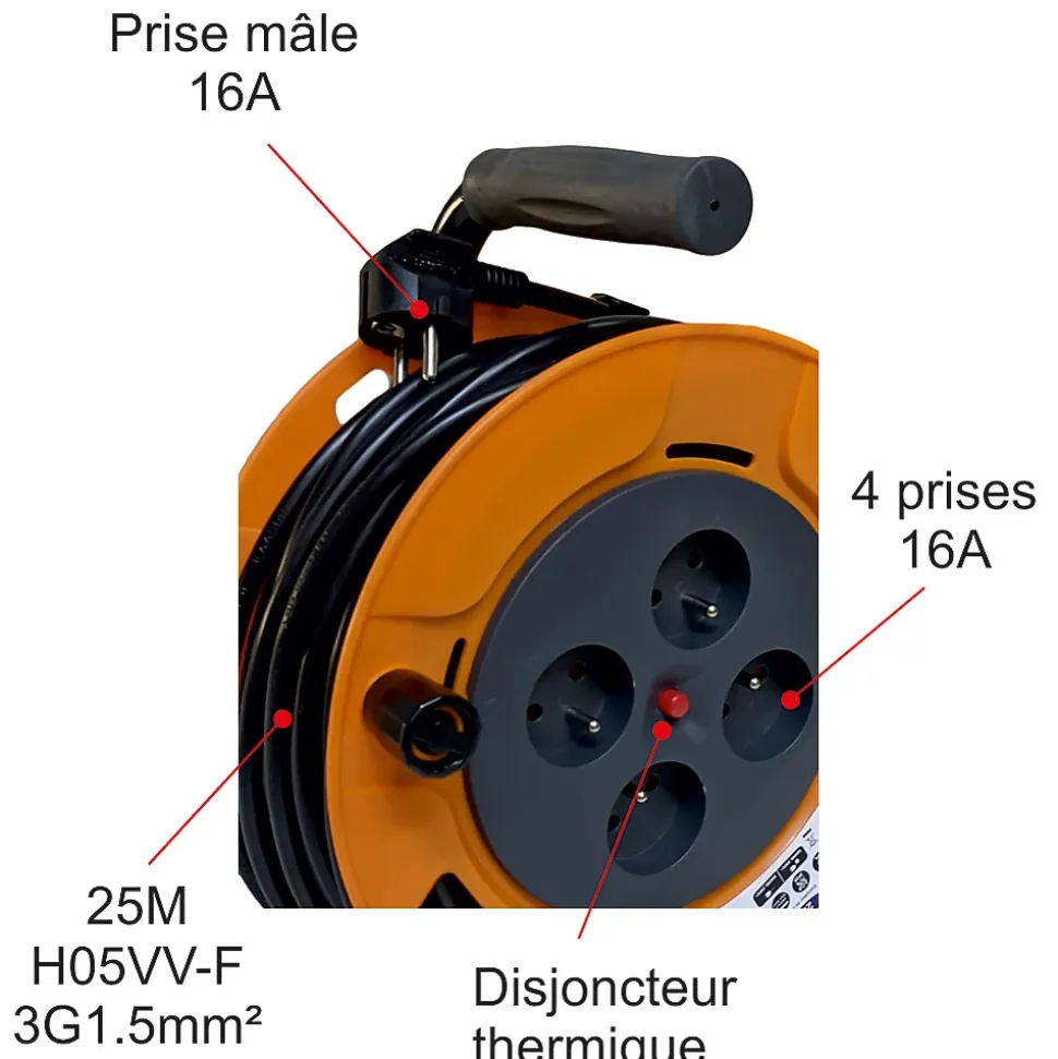 Enrouleur 25m H05VV-F 3G1.5 - 4 prises 16A - garantie 2 ans