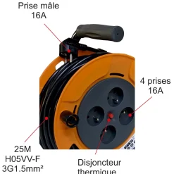 Enrouleur 15m H05VV-F 3G1.50 mm² - 4 prises 16A - garantie 2 ans