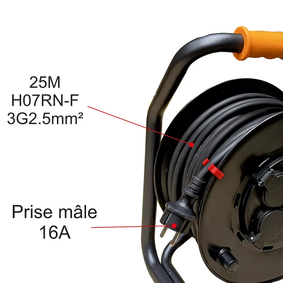Enrouleur PRO de chantier 3G2.5 25m IP44 platine fixe (anti twist) - câble H07RN-F- 4 prises 16A - garantie 2 ans