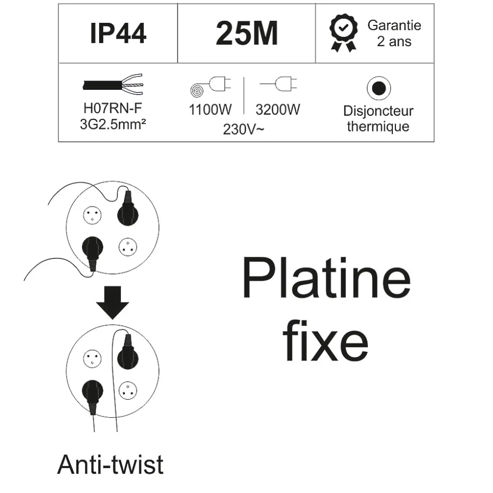 Enrouleur PRO de chantier 3G2.5 25m IP44 platine fixe (anti twist) - câble H07RN-F- 4 prises 16A - garantie 2 ans