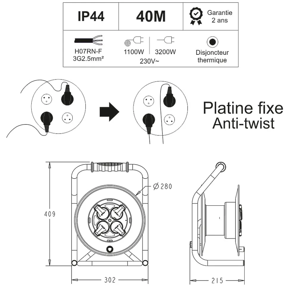 Enrouleur PRO de chantier 3G2.5 40m IP44 platine fixe (anti twist) - câble H07RN-F- 4 prises 16A - garantie 2 ans