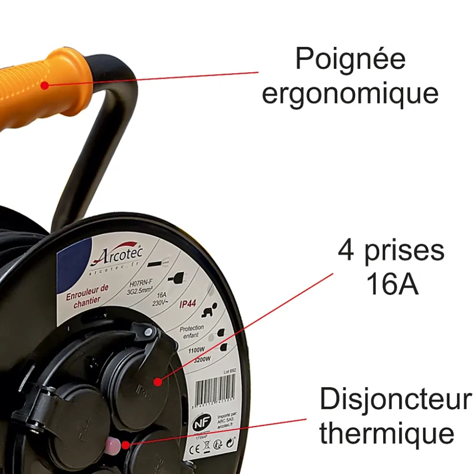 Enrouleur PRO de chantier 3G2.5 40m IP44 platine fixe (anti twist) - câble H07RN-F- 4 prises 16A - garantie 2 ans