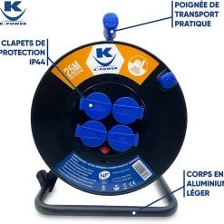 Enrouleur Pro 25M 3G2.5 IP44 avec 4 Prises à Clapet pour Usage Intensif en Intérieur & Extérieur