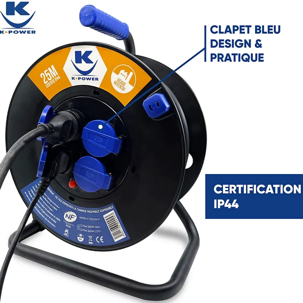 Enrouleur Pro 40M 3G2.5 IP44 avec 4 Prises à Clapet pour Usage Intensif en Intérieur & Extérieur