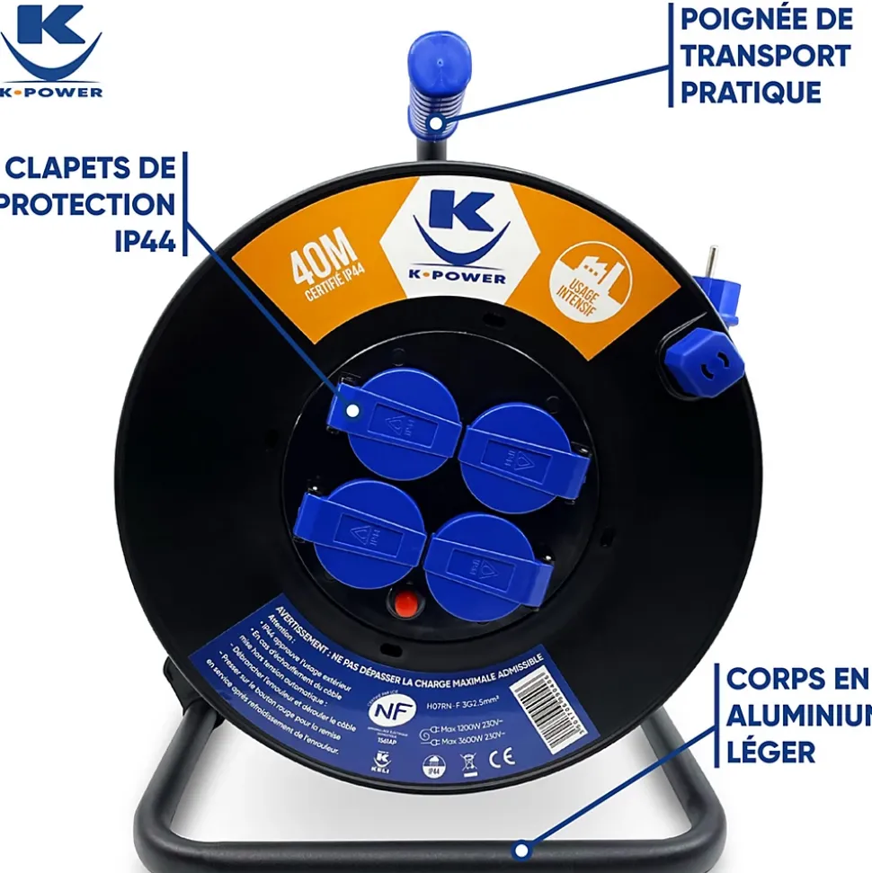 Enrouleur Pro 40M 3G2.5 IP44 avec 4 Prises à Clapet pour Usage Intensif en Intérieur & Extérieur