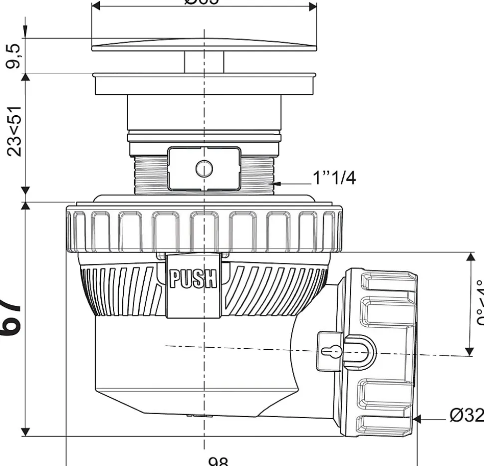 Ensemble bonde et siphon de lavabo Wirquin Nano 6.7 Sortie Ø32 mm - 1/4 de tour