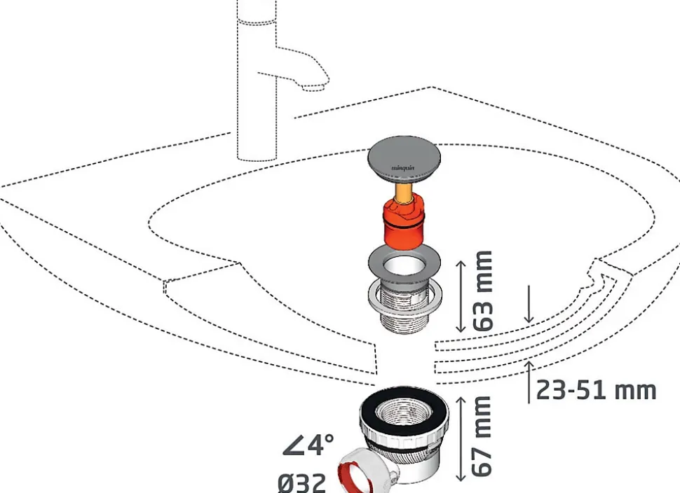 Ensemble bonde et siphon de lavabo Wirquin Nano 6.7 Sortie Ø32 mm - 1/4 de tour
