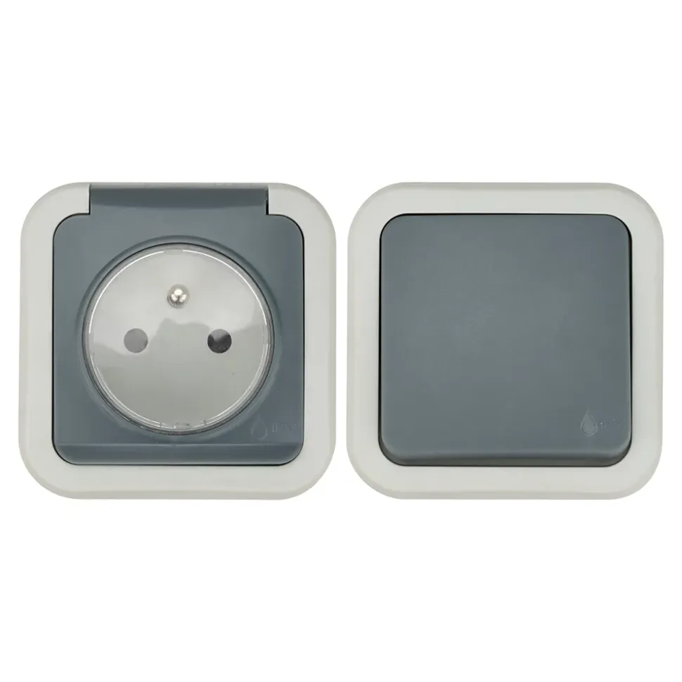 Ensemble 2 prises avec terre monobloc et 1 interrupteur va-et-vient étanche Jacobsen Malinn