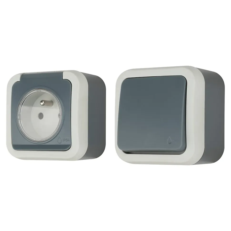 Ensemble 2 prises avec terre monobloc et 1 interrupteur va-et-vient étanche Jacobsen Malinn