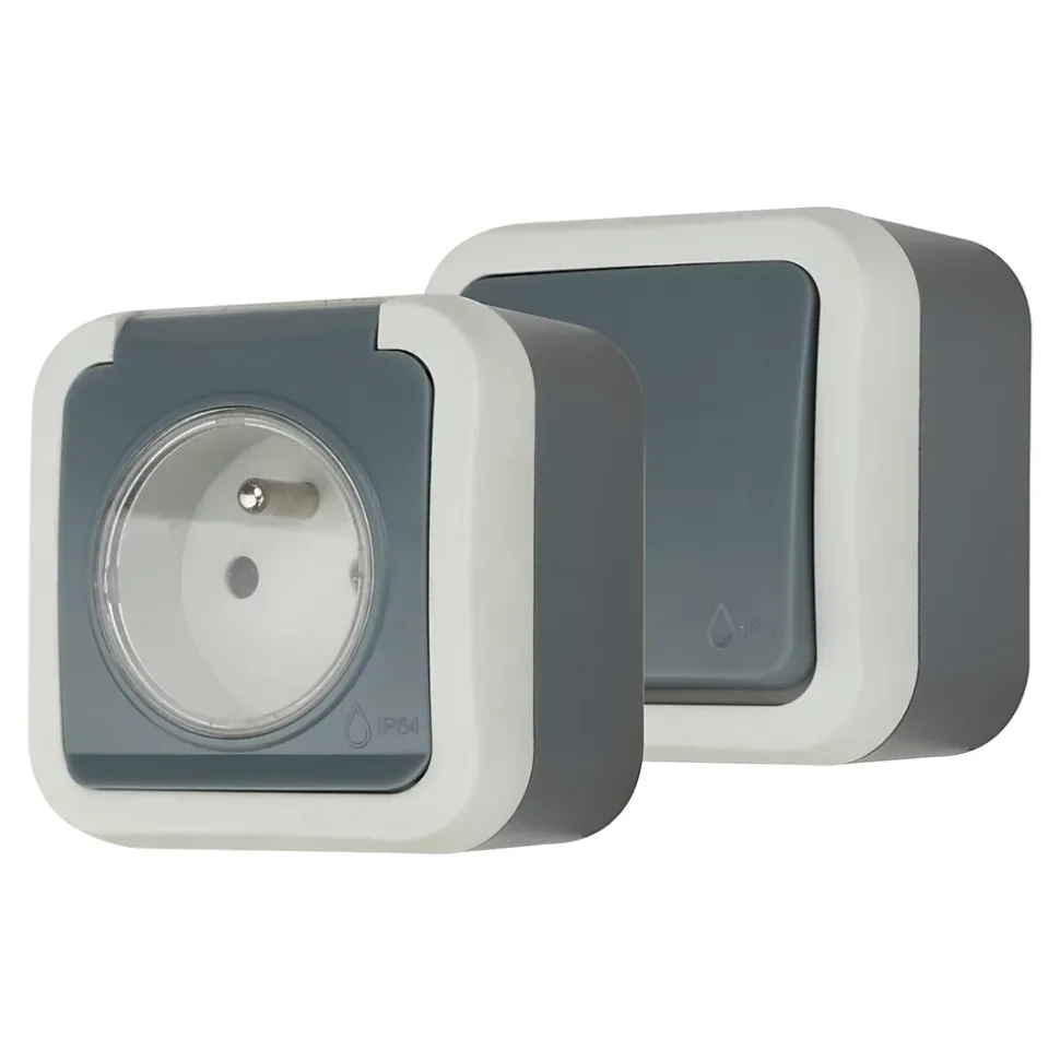 Ensemble 2 prises avec terre monobloc et 1 interrupteur va-et-vient étanche Jacobsen Malinn