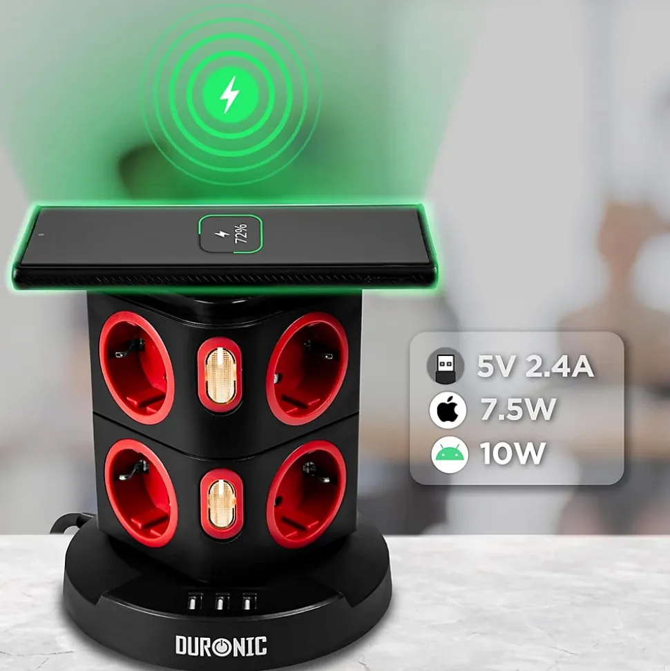 ET8W Tour multiprise 8 prises 3680W 13A 3x USB recharge sans fil Câble 1,8m Parasurtenseur protection surtension Duronic