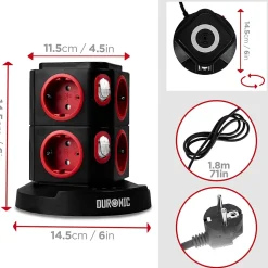 ET8W Tour multiprise 8 prises 3680W 13A 3x USB recharge sans fil Câble 1,8m Parasurtenseur protection surtension Duronic
