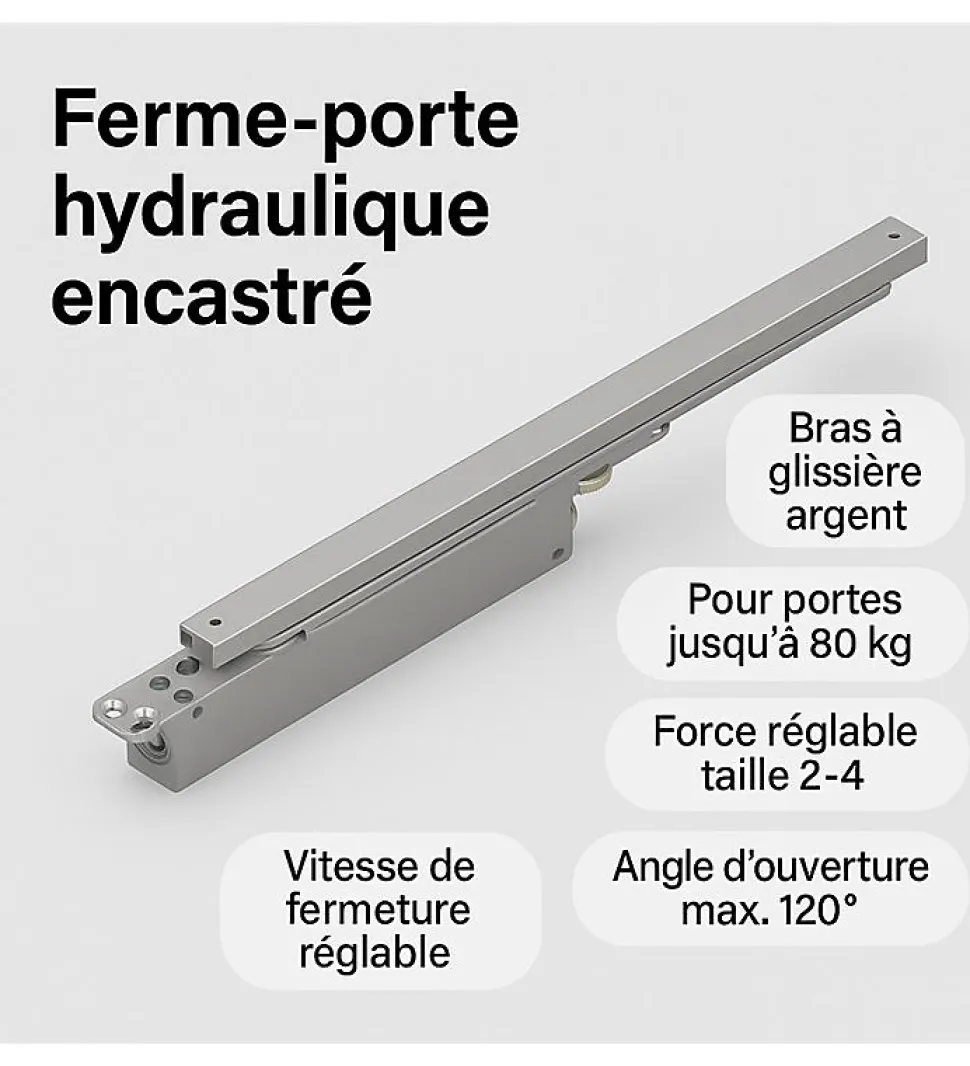 Ferme porte hydraulique encastré et Reversible DOM Insert 7500 bras glissière EN2 à EN4 80kg