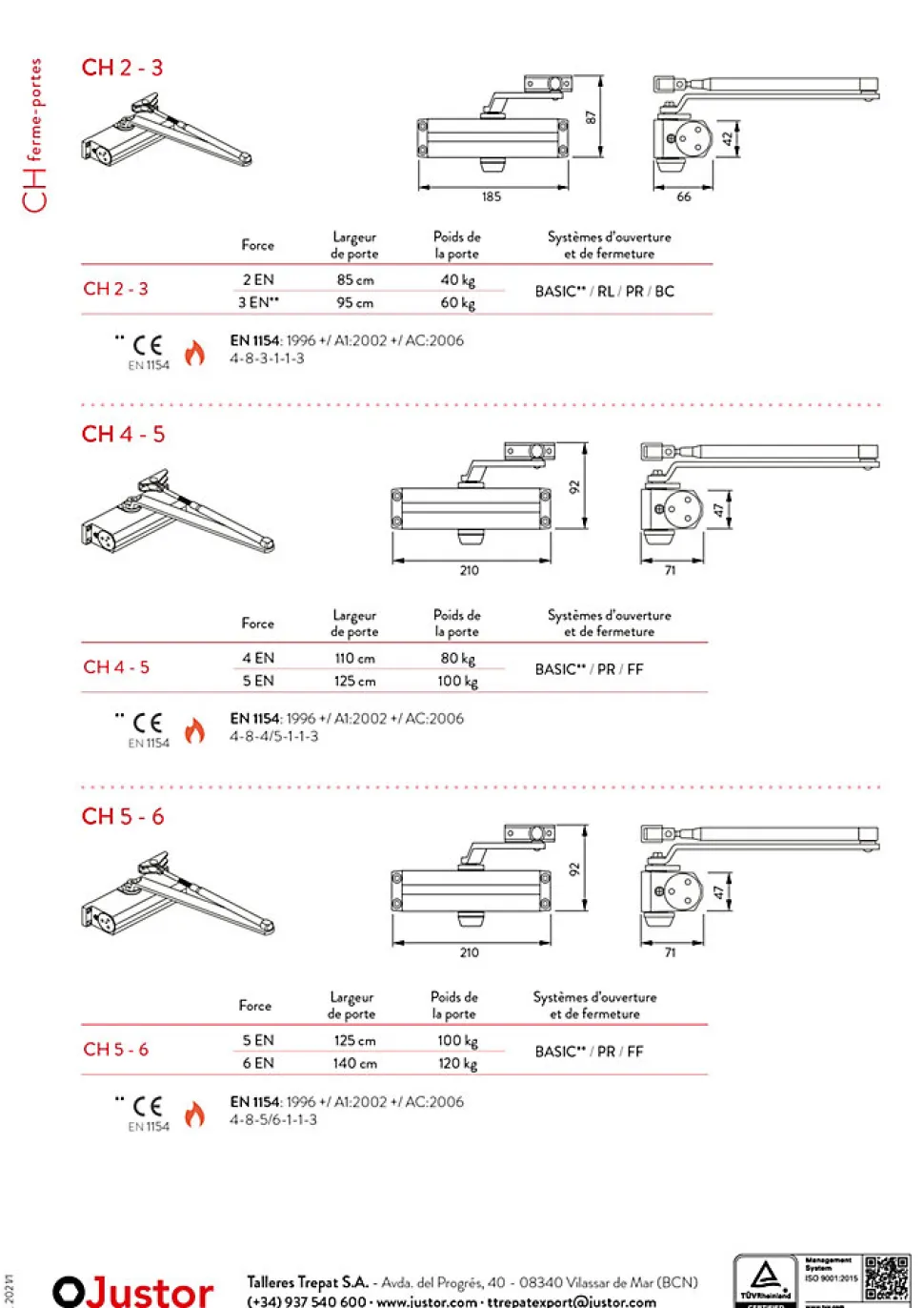 Ferme portes haute performance premium, Force réglable de 4 à 5, corps en Aluminium argent.
