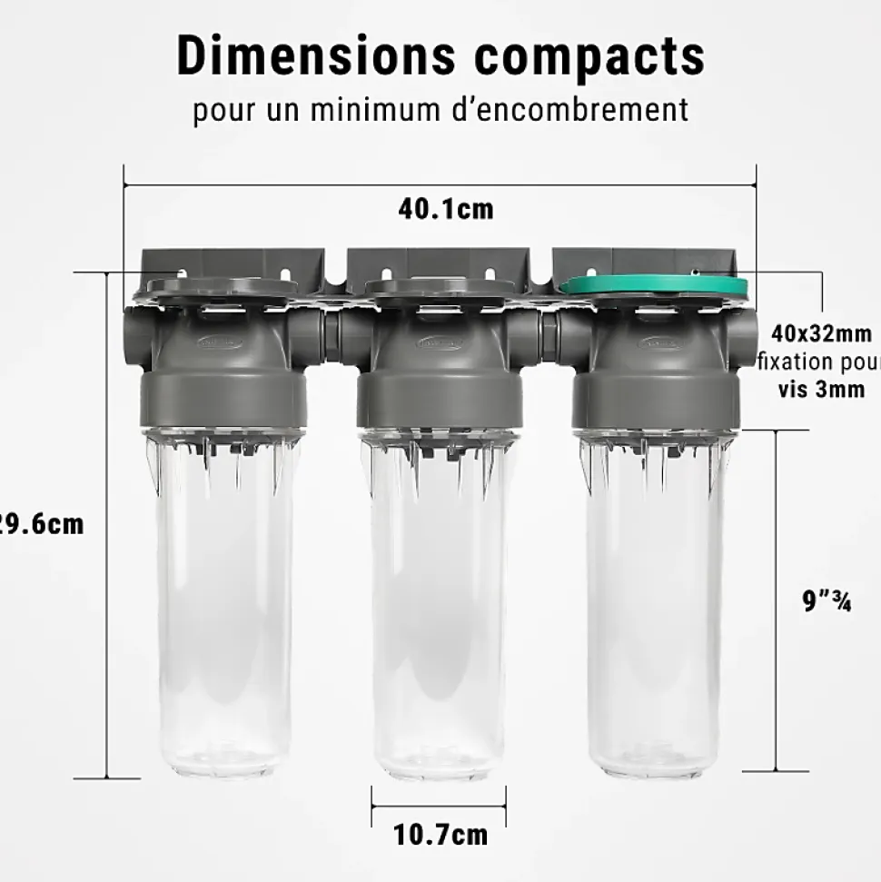Filtre à eau triple 9' 3/4 + Pack protection complète filtration sous évier connexion 3/4'