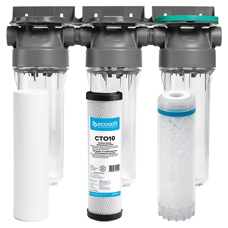 Filtre à eau triple 9' 3/4 + Pack protection complète filtration sous évier connexion 3/4'