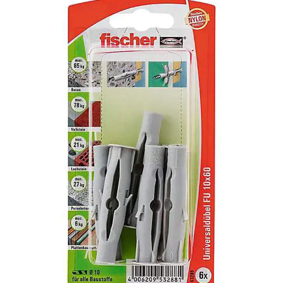 Fischer Cheville universelle FU 10 x 60 K - 6 pièces, nylon et acier, pour béton et matériaux creux