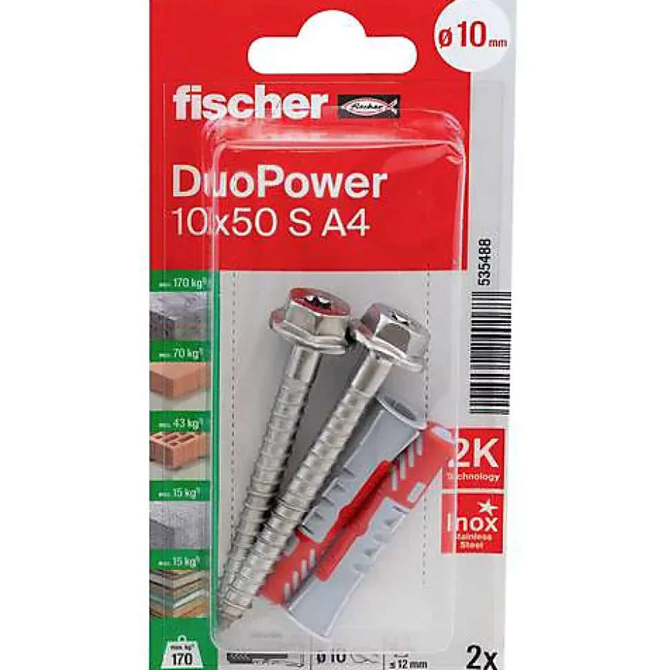 Fischer DuoPower 10 x 50 A4 Set de chevilles nylon 10 pièces, vis 7 x 69 A4 incluses