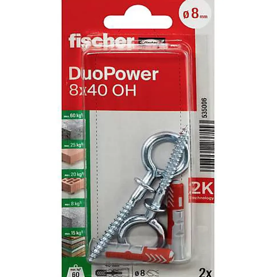 Fischer DuoPower 8 x 40 OH Set de chevilles avec crochets à œillet, 2 chevilles + 2 vis 5,5 x 77