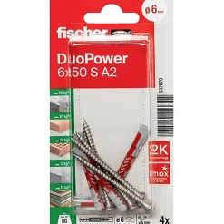 Fischer DuoPower 6 x 50 S A2 - Set de 4 chevilles avec vis inox 6 mm, longueur 50 mm