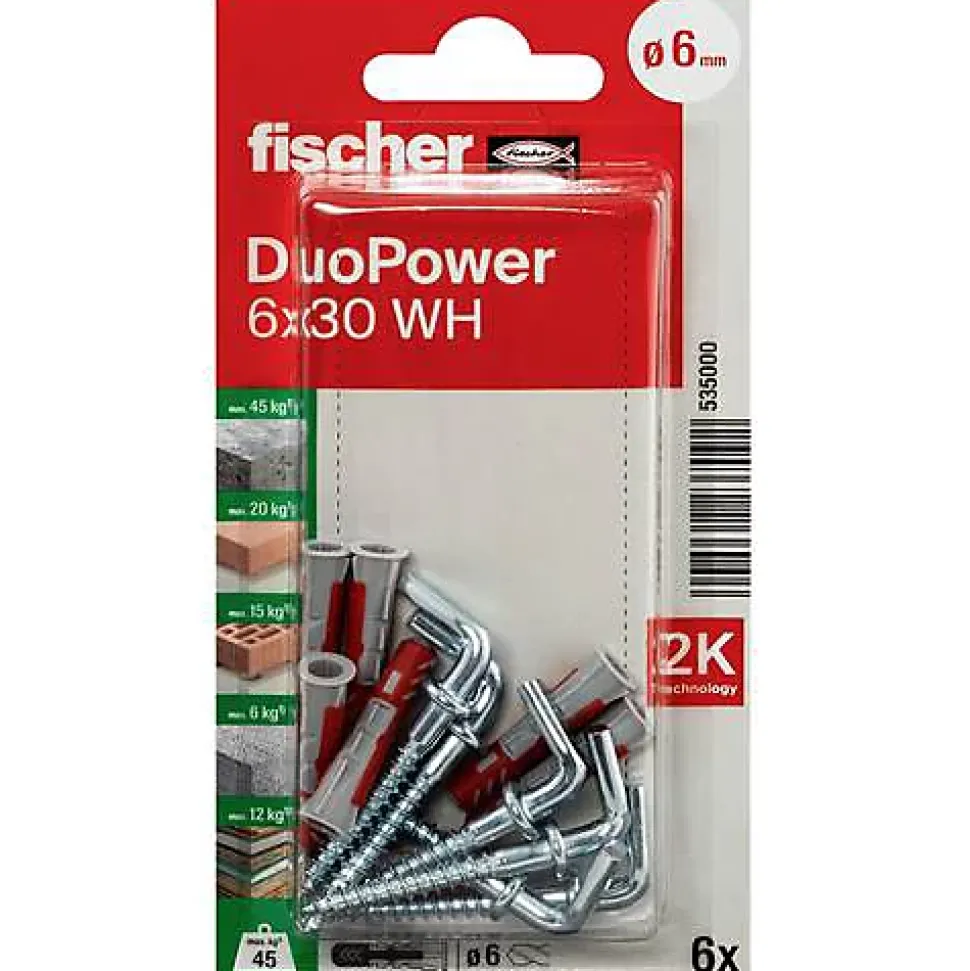 Fischer DuoPower 6 x 30 WH Set de 6 chevilles nylon avec crochets coudés