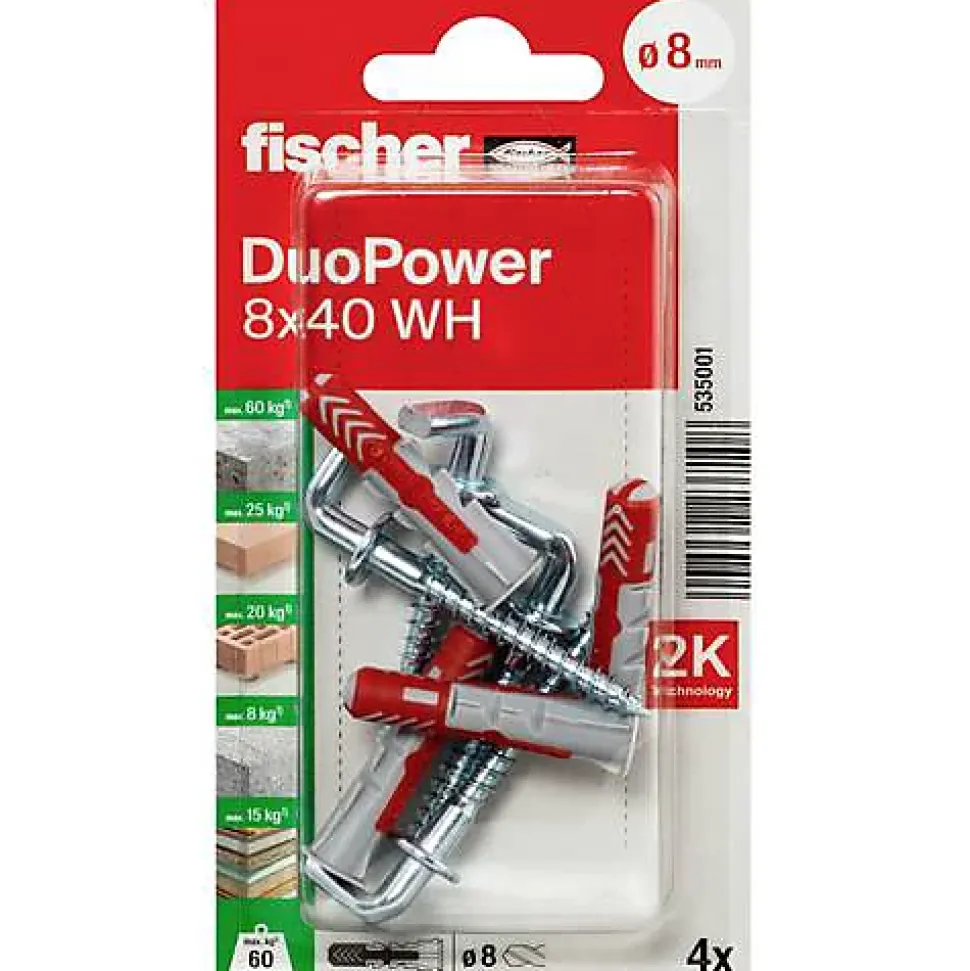 Fischer DuoPower 8 x 40 WH Set de 4 chevilles nylon avec crochets coudés - montage universel