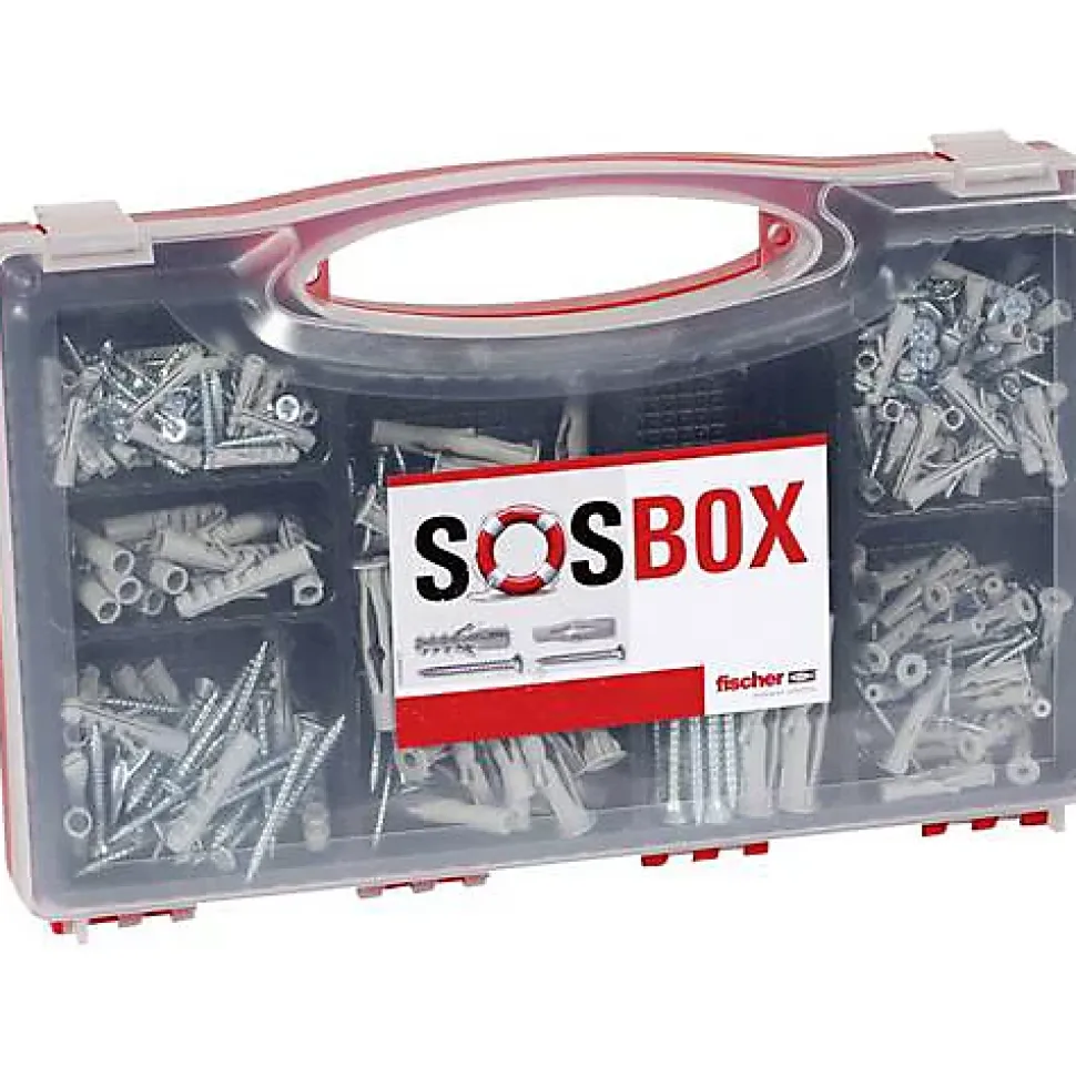 Fischer SOSBOX S kit de chevilles et vis triées 150 pièces - boîtier plastique transparent pour atelier et chantier