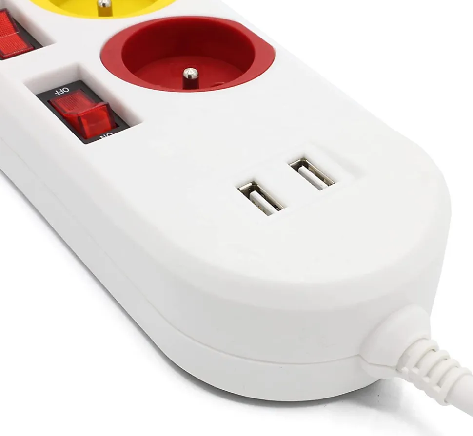 FISHTEC - Multiprise Trio Color - 3 prises avec interrupteurs + 2 ports USB - Câble 1,8 m - 3680W - ABS robuste