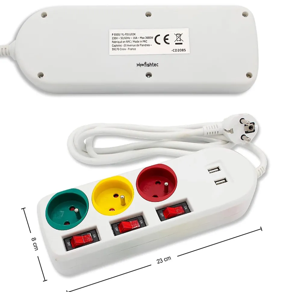 FISHTEC - Multiprise Trio Color - 3 prises avec interrupteurs + 2 ports USB - Câble 1,8 m - 3680W - ABS robuste