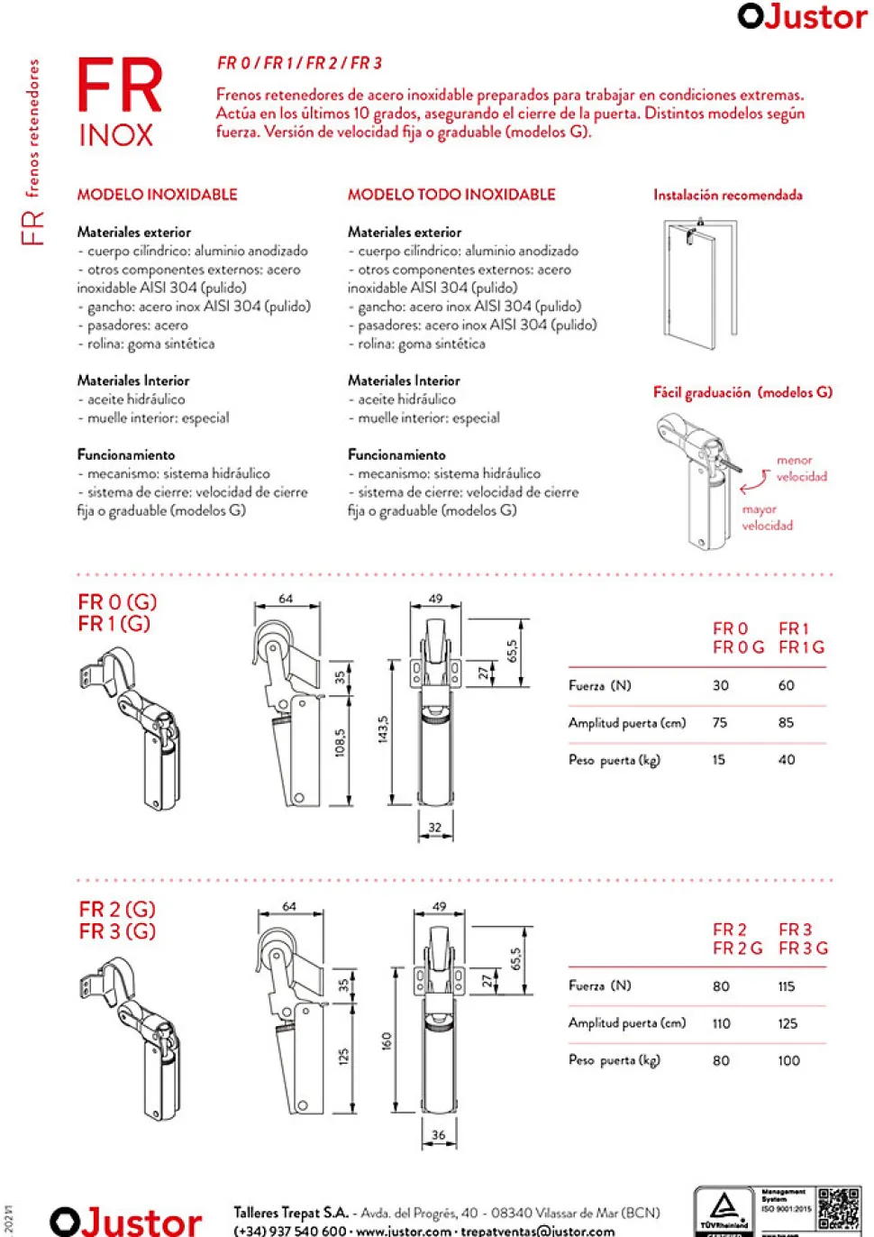 Frein de rétention Réglable force 1 a 30 N totalement en acier inox AISI 304 pour porte jusquà 15 KG