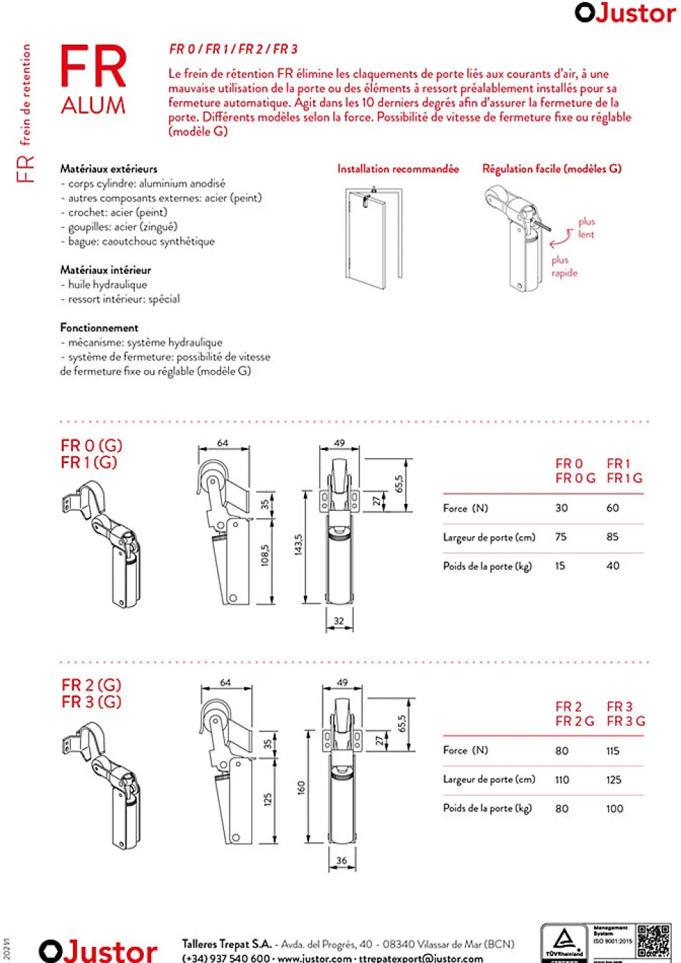 Frein de rétention Réglable force 1 a 30 N en aluminium anodisé or pour porte jusquà 15 KG