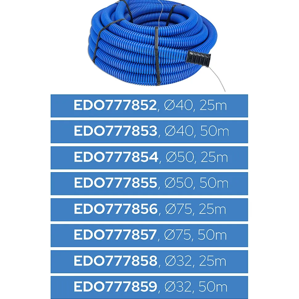 Gaine électrique enterrée FI40 mm 50 m EDO annelée double paroi avec tire fil et manchon 450 N bleue EDO