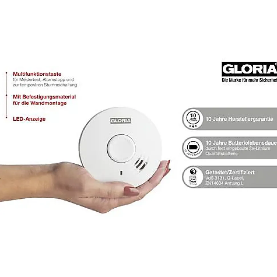 Gloria R-10 Détecteur de fumée 10 ans - batterie lithium 3V intégrée, certifié VdS/EN14604