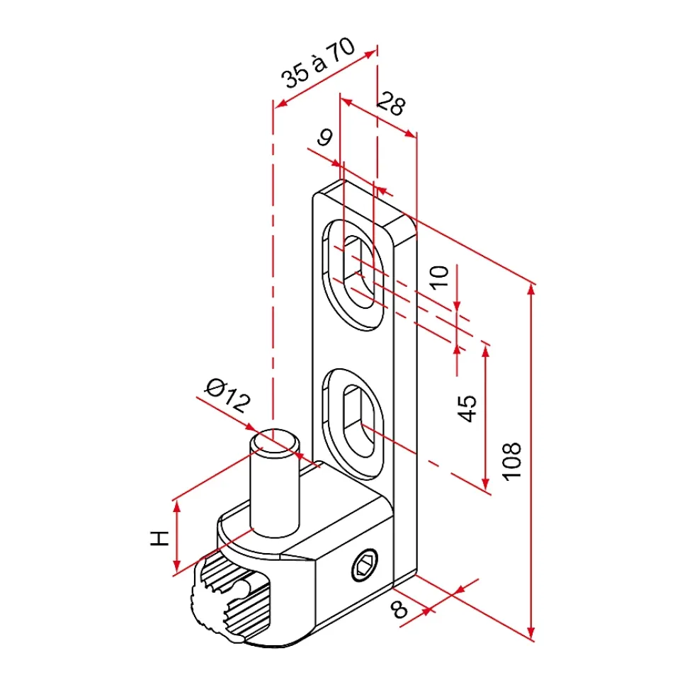 Gond de portail MULTIFIX L à axe réglable de 35 à 70mm pivot diamètre 12mm - TIRARD - NA619027