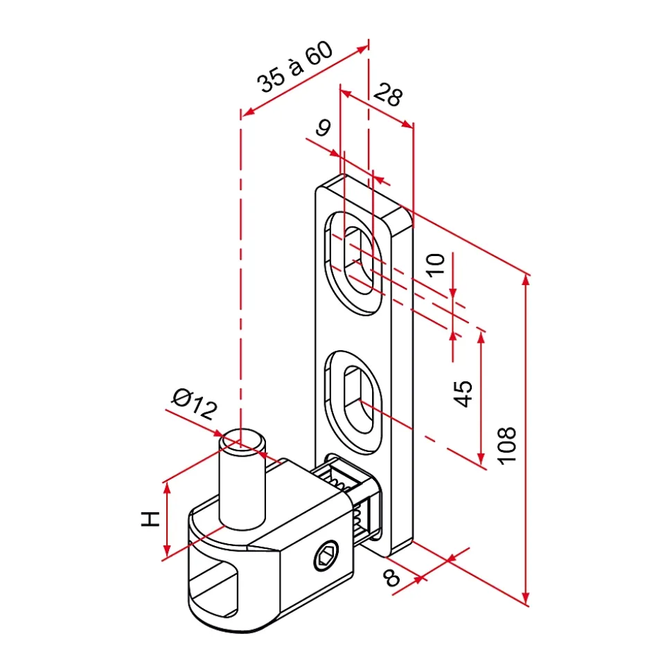 Gond de portail MULTIFIX L à axe réglable de 35 à 60mm pivot diamètre 12mm - TIRARD - NA619002