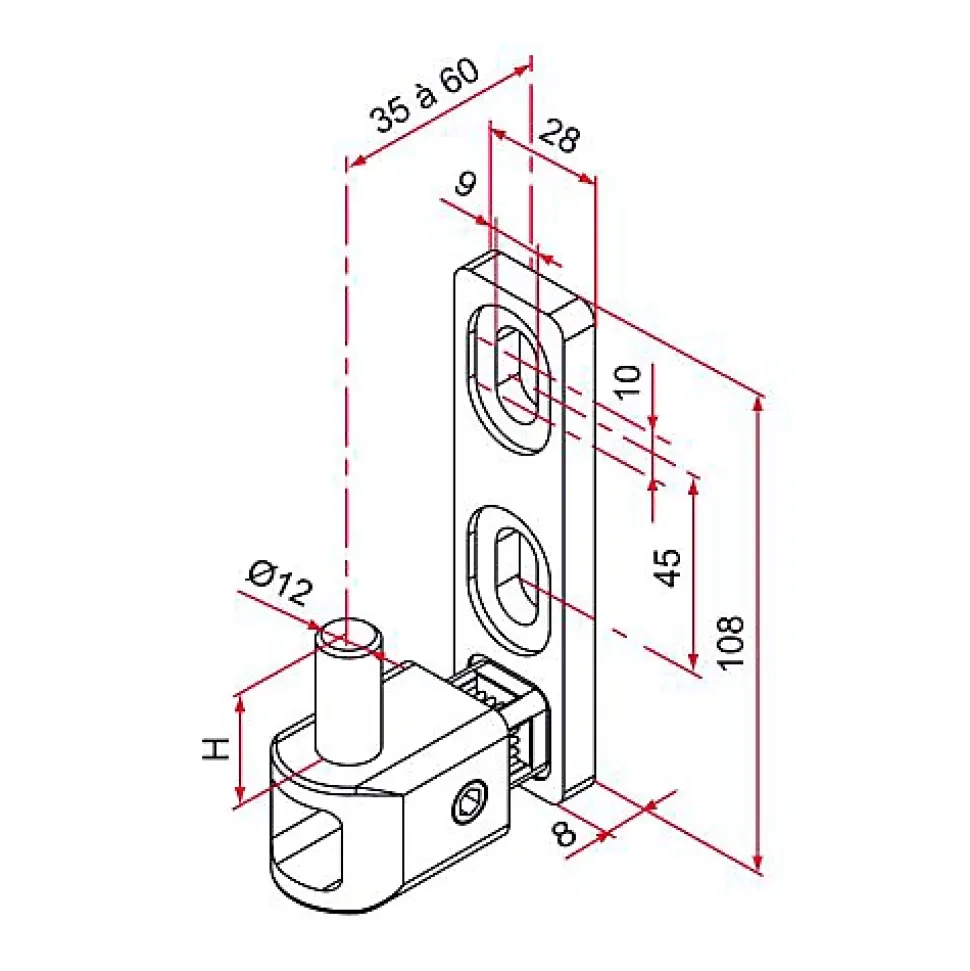 Gond de portail MULTIFIX L à axe réglable de 35 à 60mm pivot diamètre 12mm - TIRARD - NA619002
